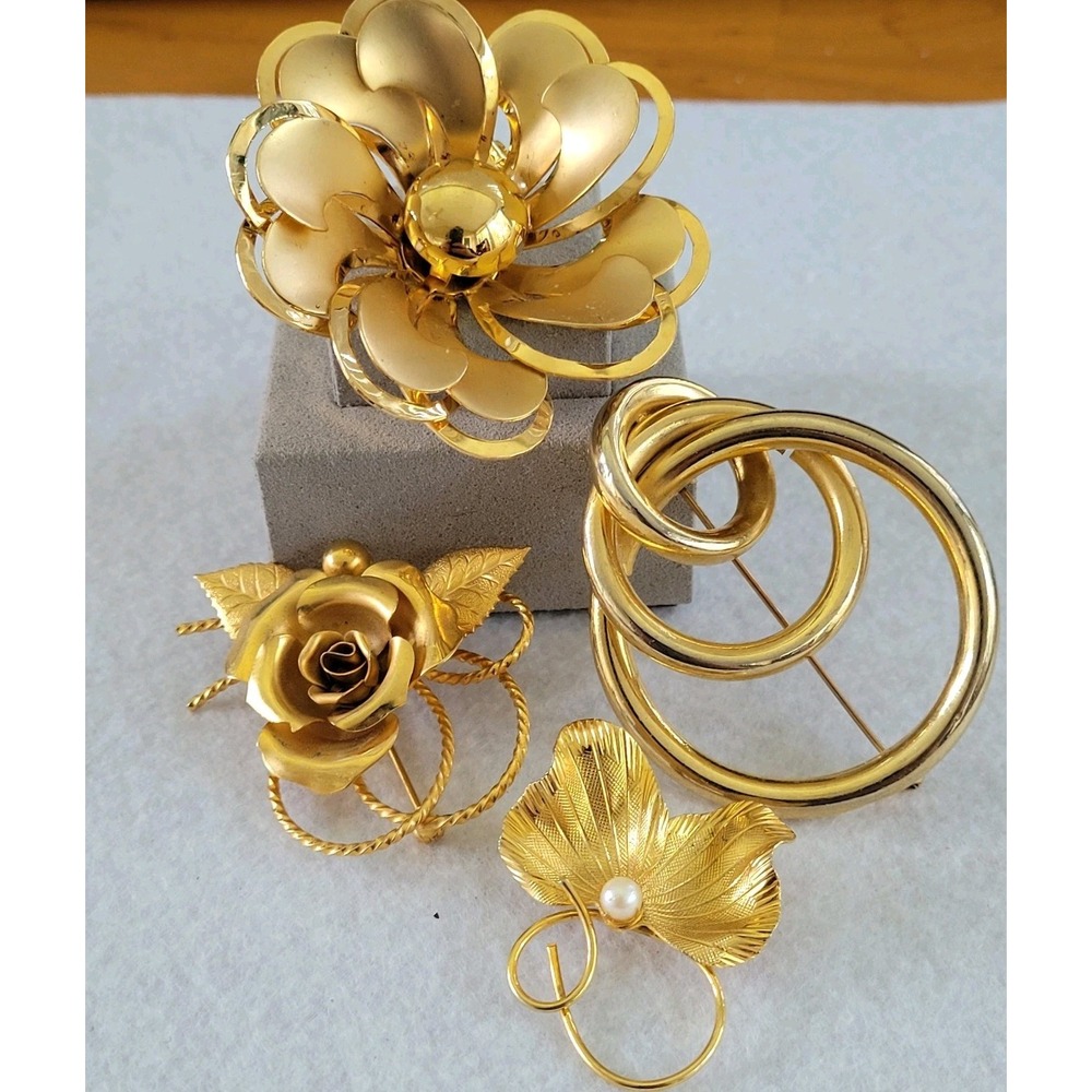 Vintage Gold Tone Brooch Lot 4 Floral Swirl Rose Leaf Faux Pearl Pins